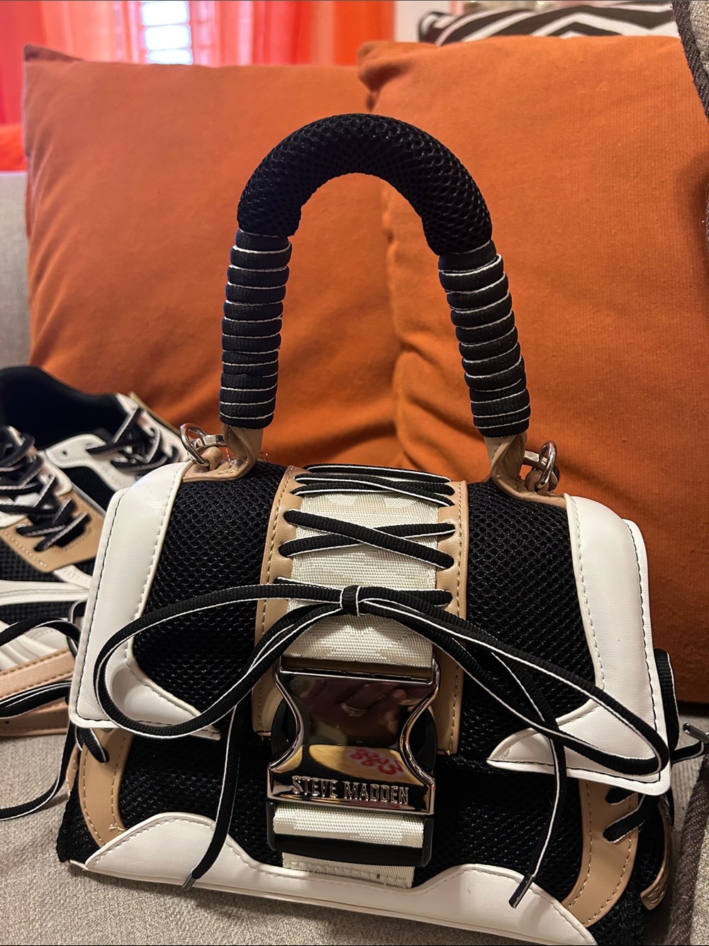 Steve Madden Black White and Tan Lace-Up Mini Satchel